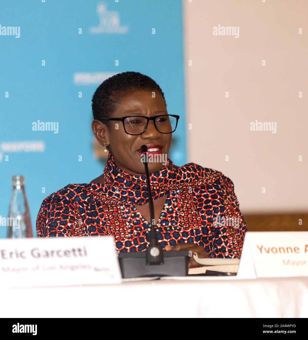 COPENHAGEN, DENMARK – OCTOBER 09, 2019: Yvonne Aki-Sawyerr, Mayor of Freetown, Sierre Leone, speaks during the C40 World Mayors Summit opening press conference at Copenhagen City Hall. More than 90 mayors of some of the world’s largest and most influential cities representing some 700 million people meet in CoCOPENHAGEN, DENMARK – OCTOBER 09, 2019: Yvonne Aki-Sawyerr, Mayor of Freetown, Sierre Leone, speaks during the C40 World Mayors Summit opening press conference at Copenhagen City Hall. More than 90 mayors of some of the world’s largest and most influential cities representing some 700 mil Stock Photo