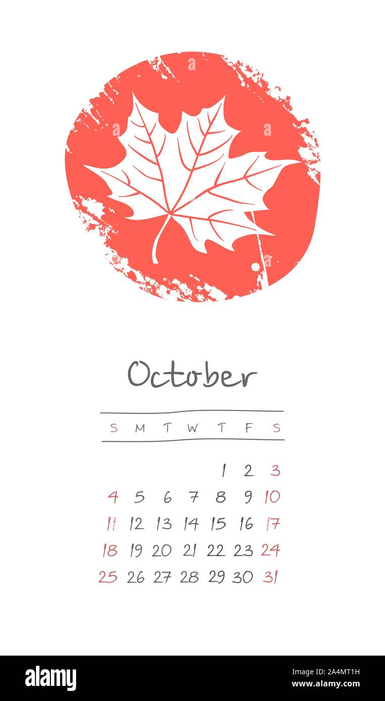 Calendar 2020 months October. Week starts from Sunday. Hand drawn with ...