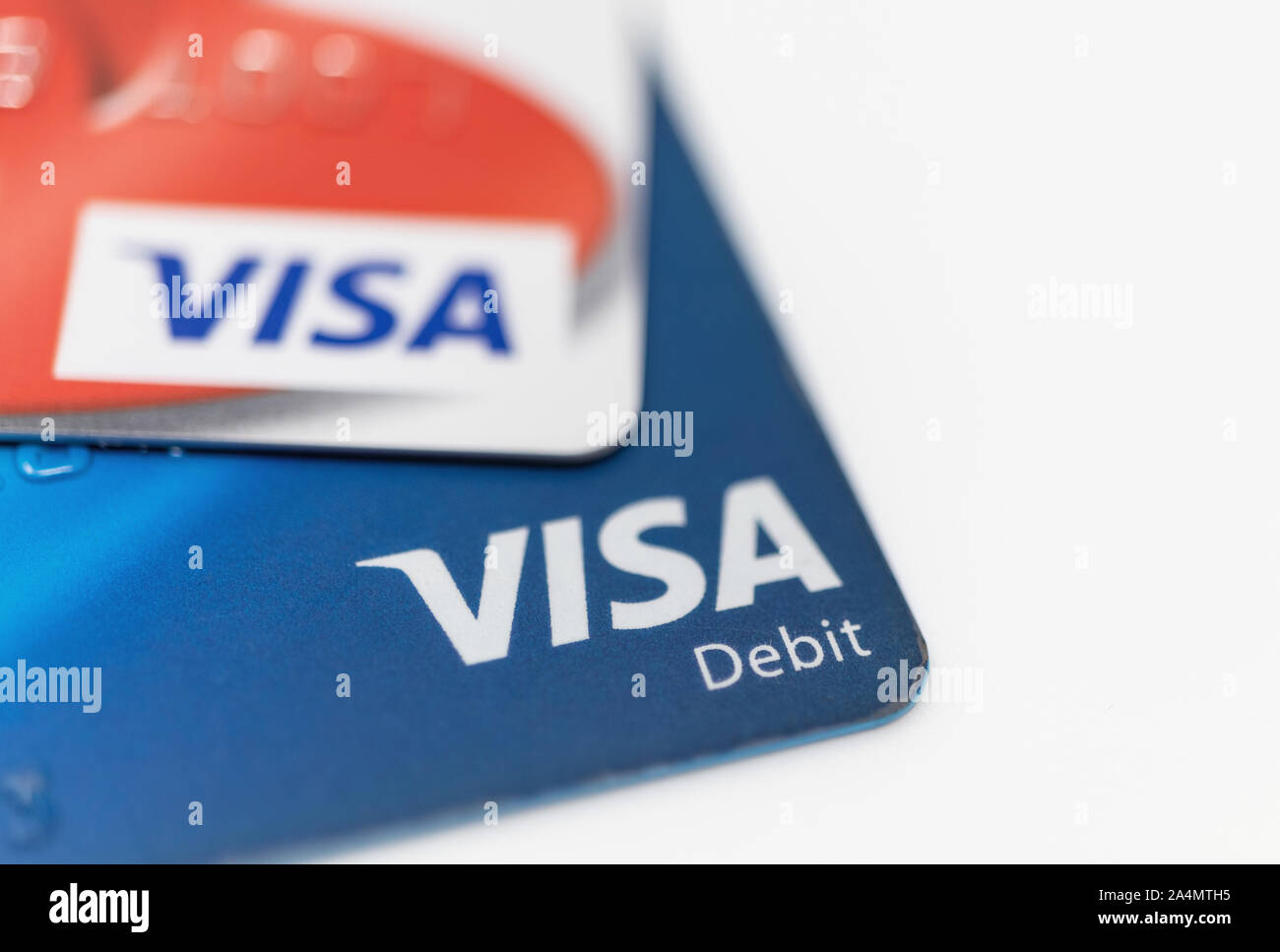 London / UK - October 9th 2019 - VISA logo on bank cards, closeup macro view with a shallow depth of field Stock Photo