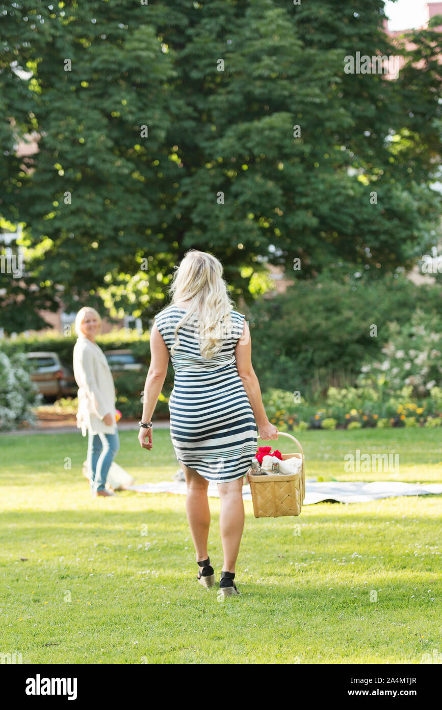 Woman carrying picnic basket Stock Photo Alamy