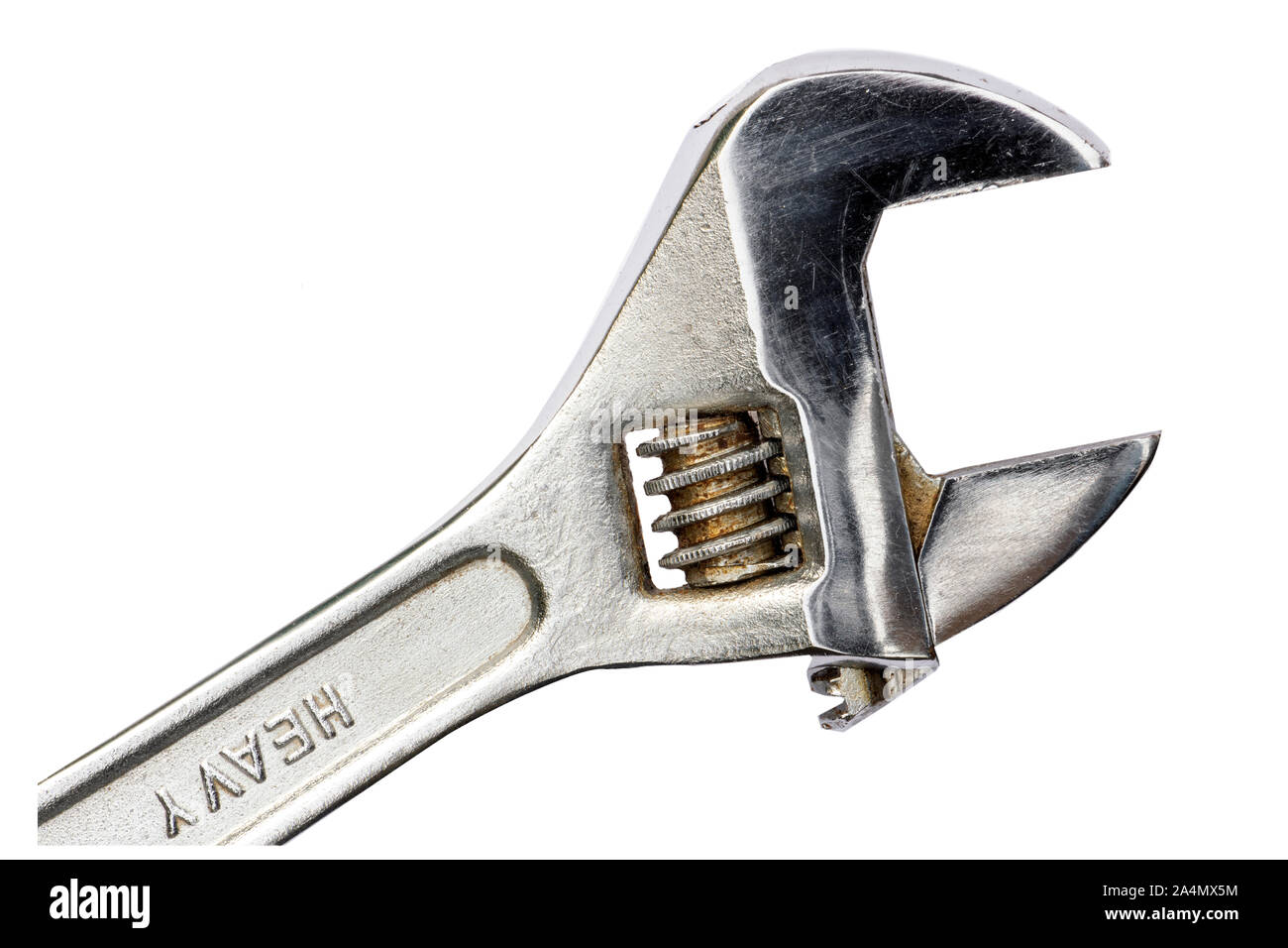 Adjustable spanner cut out on a white background, UK. Adjustable wrench close up with the jaws open. Stock Photo