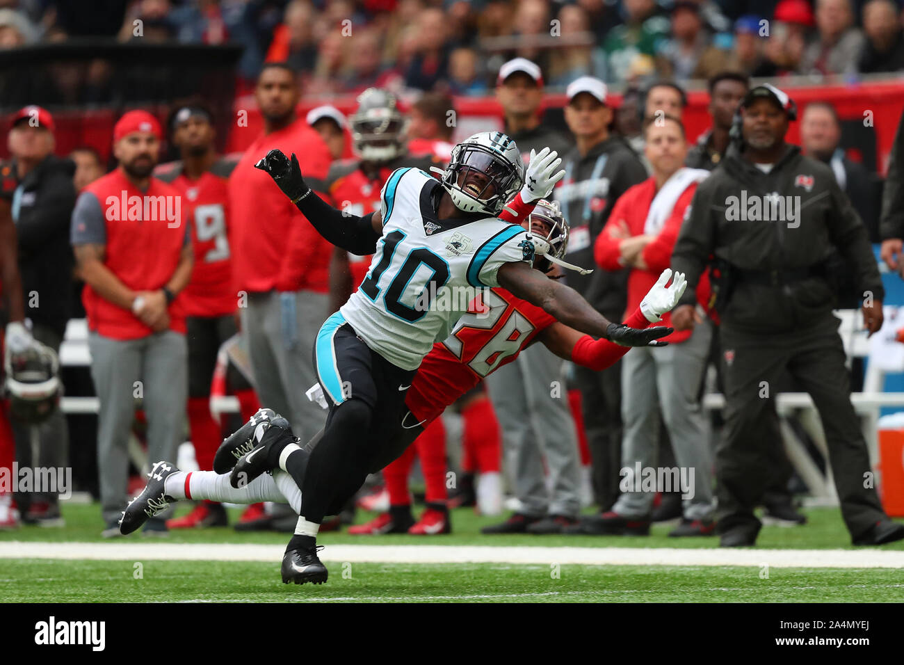 Curtis Samuel #10 Wide Receiver of The Carolina Panthers and  Vernon Hargreaves #28 Cornerback of Tampa Bay  during the NFL game between Carolina Panthers and Tampa Bay Buccaneers at Tottenham Stadium in London, United Kingdom. on the 13 October 2019 Stock Photo