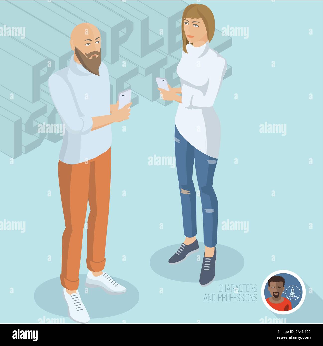 Trendy young man and woman with smartphones. Stock Vector