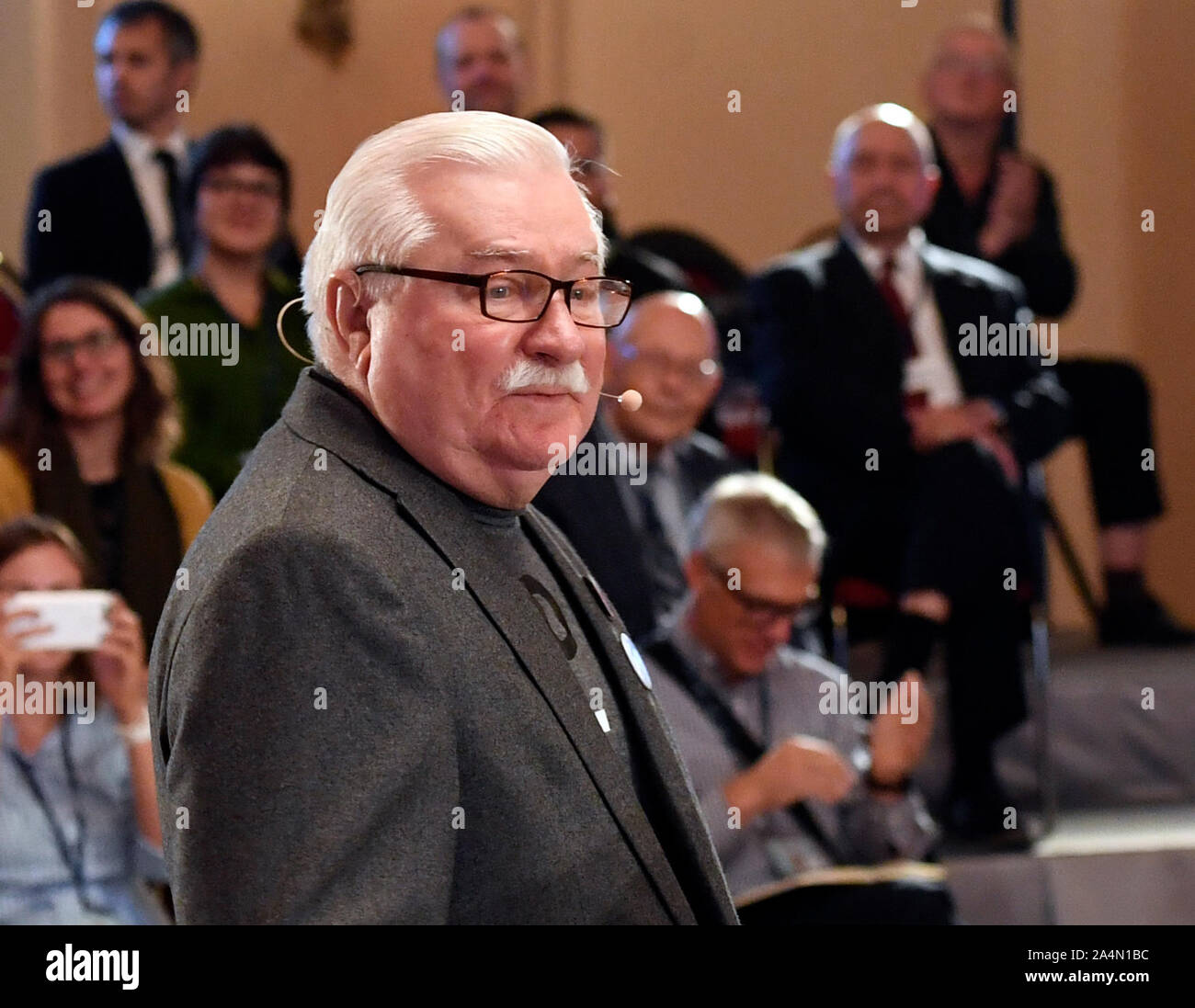 Prague, Czech Republic. 15th Oct, 2019. Lech Walesa, the former and first democratically elected President of Poland (1990-1995) and former pro-European activist and union organizer as the Chairman of Solidarity (1980-1990), speaks during the Closing Panel of the 23rd Forum 2000 international conference of world personalities with motto Recovering the Promise of 1989, in Zofin Palace in Prague, Czech Republic, on Tuesday, October 15, 2019. Credit: Michal Krumphanzl/CTK Photo/Alamy Live News Stock Photo