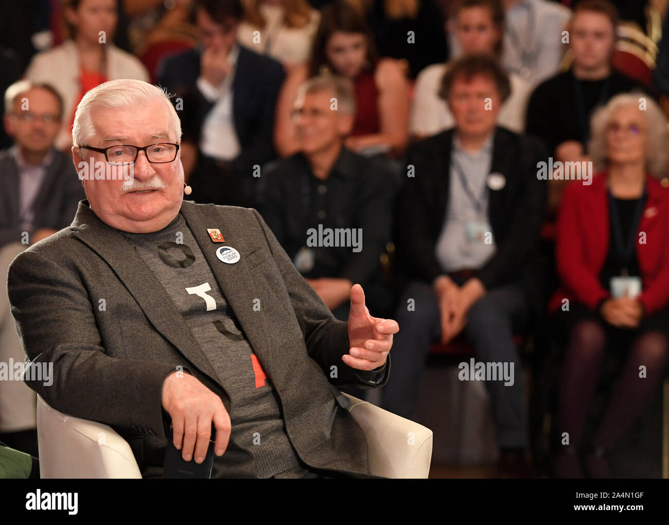 Lech Walesa, the former and first democratically elected President of Poland (1990-1995) and former pro-European activist and union organizer as the Chairman of Solidarity (1980-1990), speaks during the Closing Panel of the 23rd Forum 2000 international conference of world personalities with motto Recovering the Promise of 1989, in Zofin Palace in Prague, Czech Republic, on Tuesday, October 15, 2019. (CTK Photo/Michal Krumphanzl) Stock Photo