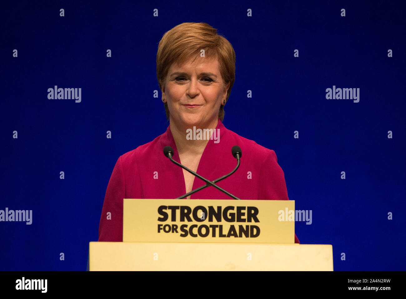 Aberdeen, UK. 15 October 2019.  Pictured: Nicola Sturgeon - First Minister of Scotland and Leader of the Scottish National Party (SNP) delivers her keynote speech on getting Scottish Independence to close the Scottish National Party Conference, Aberdeen, UK. The Event Complex Aberdeen (TECA). Credit: Colin Fisher/Alamy Live News Stock Photo