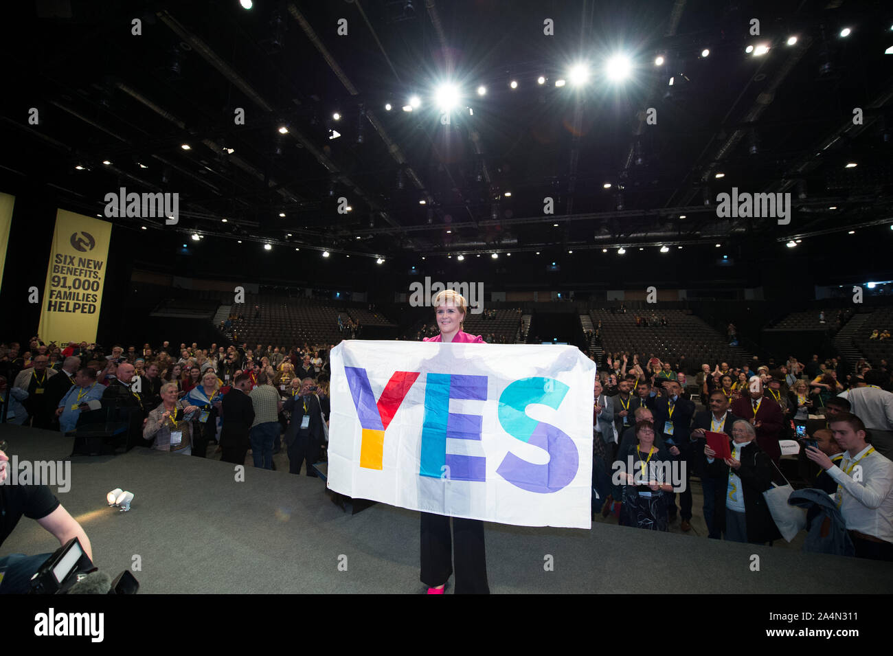 Aberdeen, UK. 15 October 2019.  Pictured: Nicola Sturgeon - First Minister of Scotland and Leader of the Scottish National Party (SNP) delivers her keynote speech on getting Scottish Independence to close the Scottish National Party Conference, Aberdeen, UK. The Event Complex Aberdeen (TECA). Credit: Colin Fisher/Alamy Live News Stock Photo