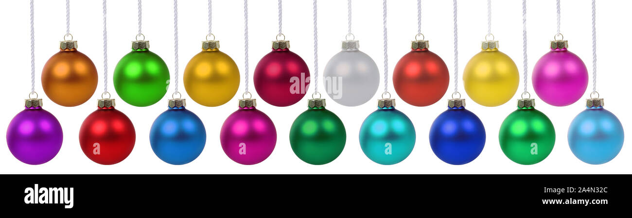Christmas balls baubles banner hanging isolated on a white background ...