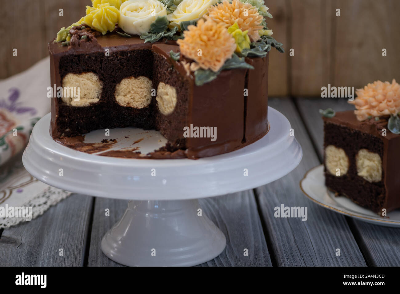 Ganache Buttercream Cake With Piped Buttercream Flowers Stock Photo Alamy