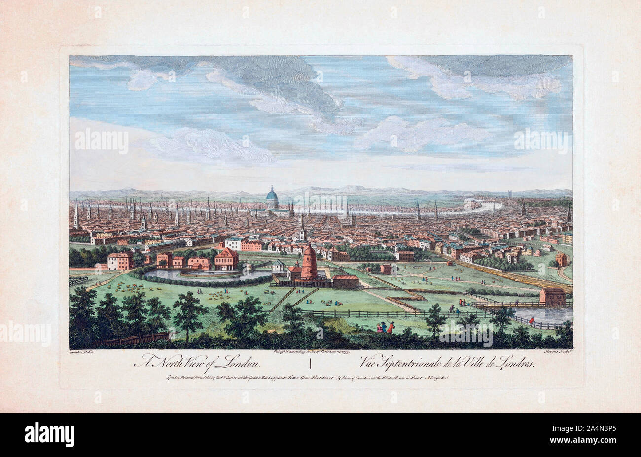 A north view of London.  After a print dated 1753 from a work by Caneletto.  Published by Robert Sayer.  Later colourization. Stock Photo