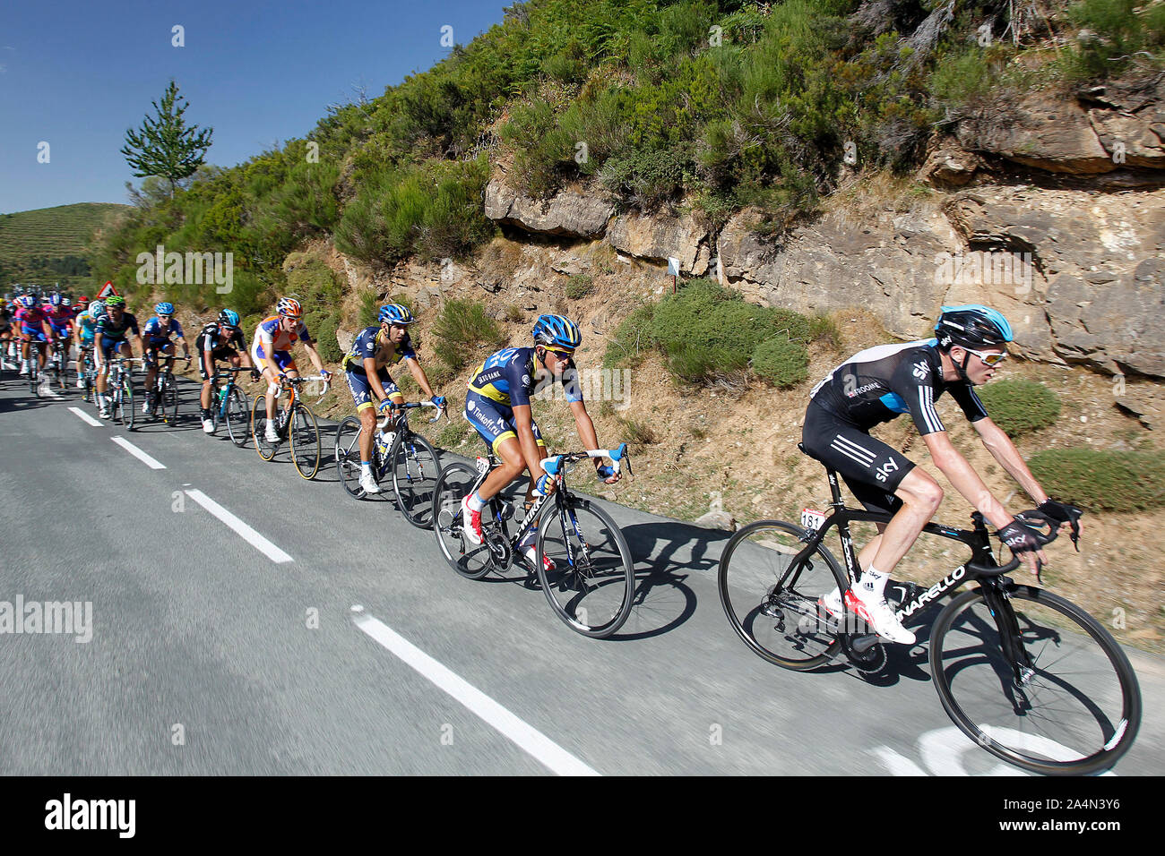 Christopher Froome (r) and Alberto Contador (2r) leading the gruop during the stage of La Vuelta 2012 between Barakaldo and Valdezcaray.August 21,2012 Stock Photo