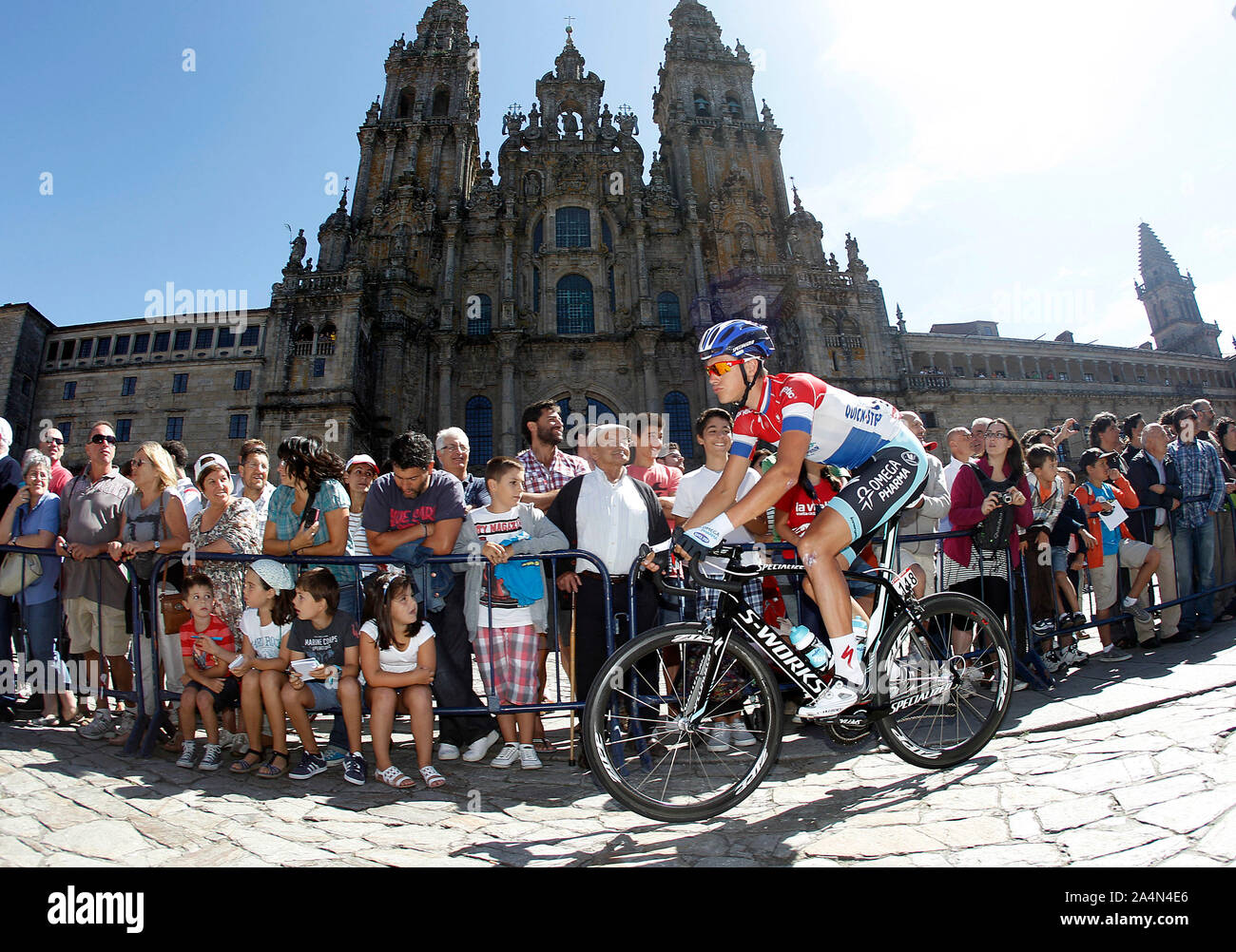 Niki Terpstra passes by the front of the Obradoiro of the Cathedral of Santiago de Compostela before the stage of La Vuelta 2012 between Santiago de C Stock Photo