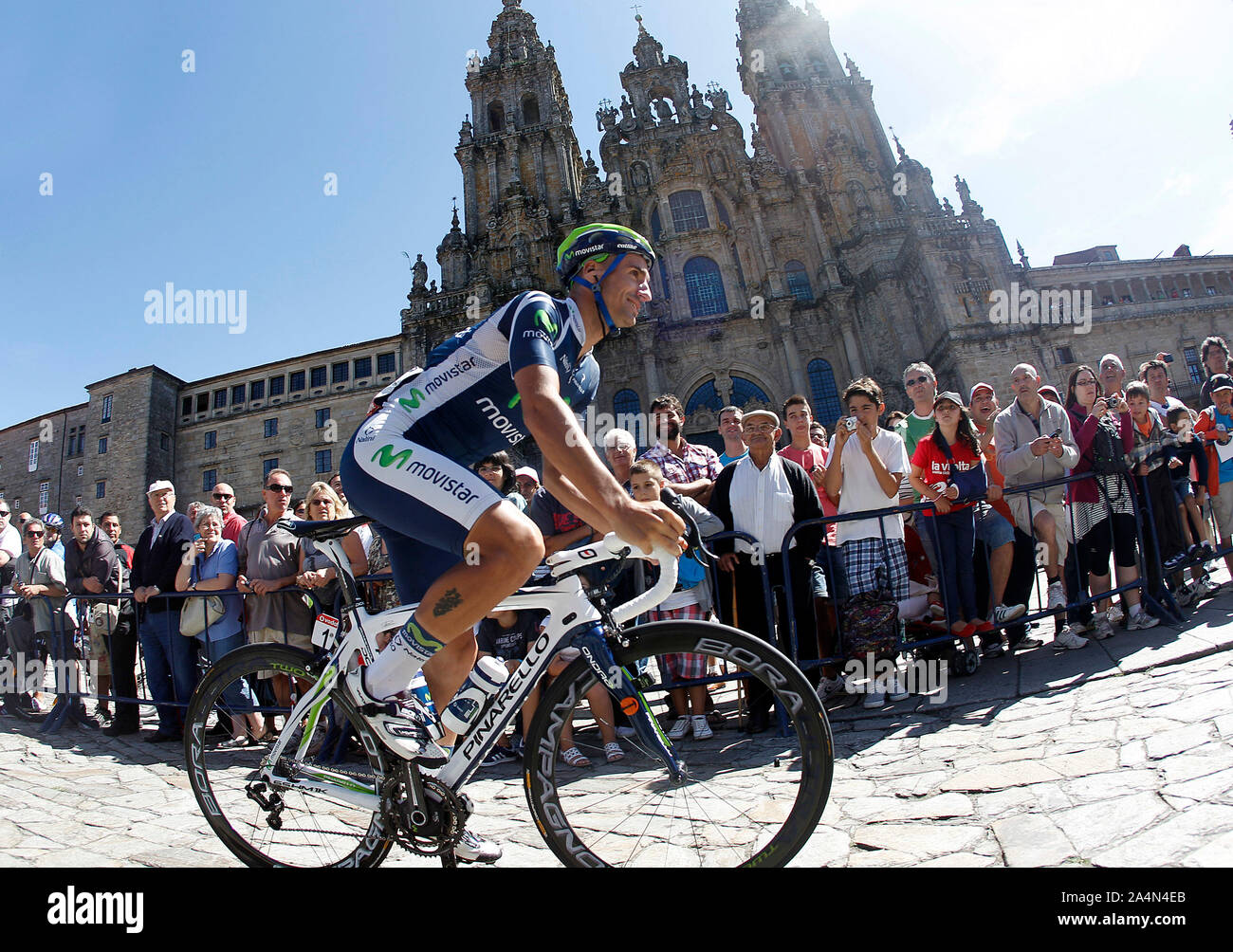 Juan Jose Cobo passes by the front of the Obradoiro of the Cathedral of Santiago de Compostela before the stage of La Vuelta 2012 between Santiago de Stock Photo