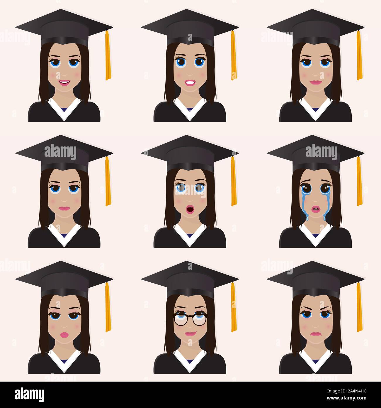 Set of cute graduate student emoticons. Various emotions of the character. Set of avatar icons. Vector illustration. Stock Vector