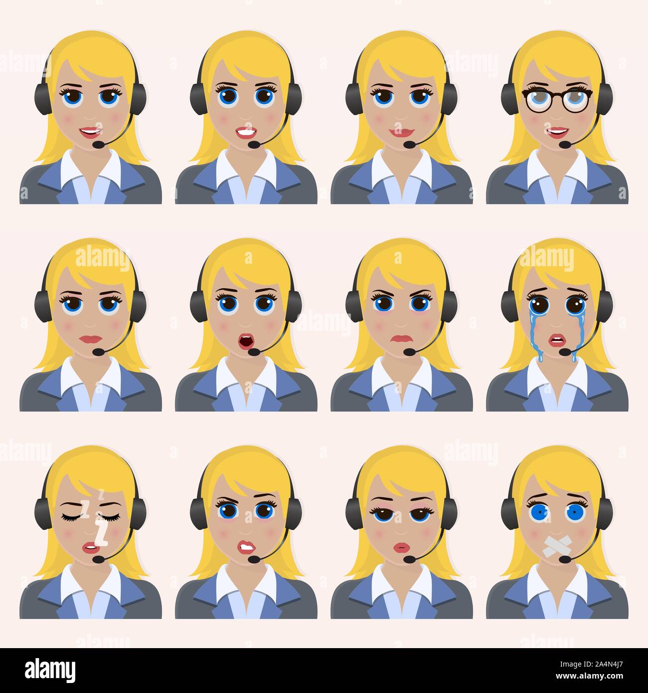 Set of cute operator emoticons. Various emotions of the character. Set ...