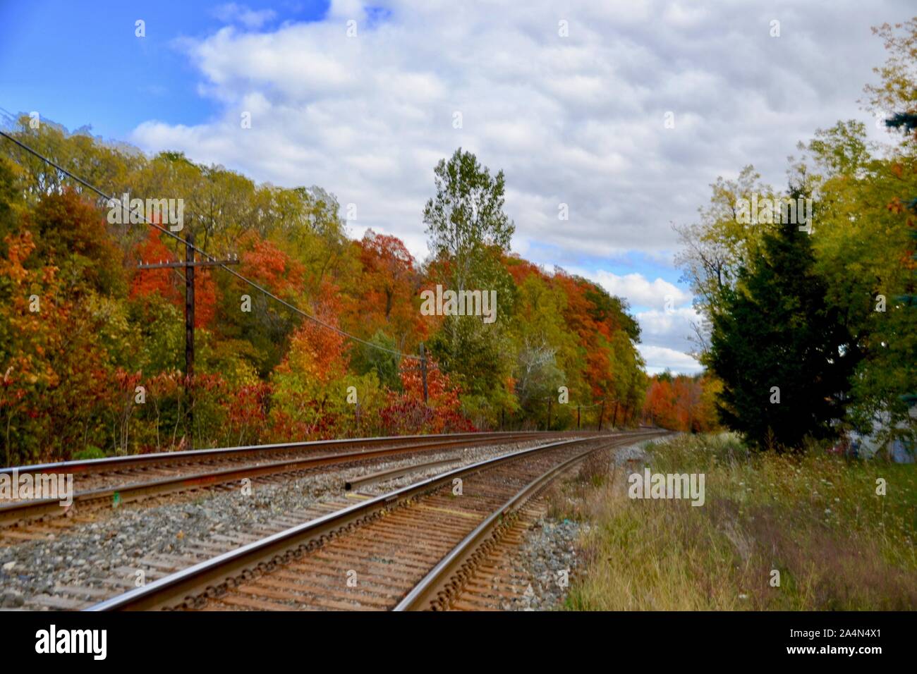 Railway tracks with fall trees in vibrant colours Stock Photo