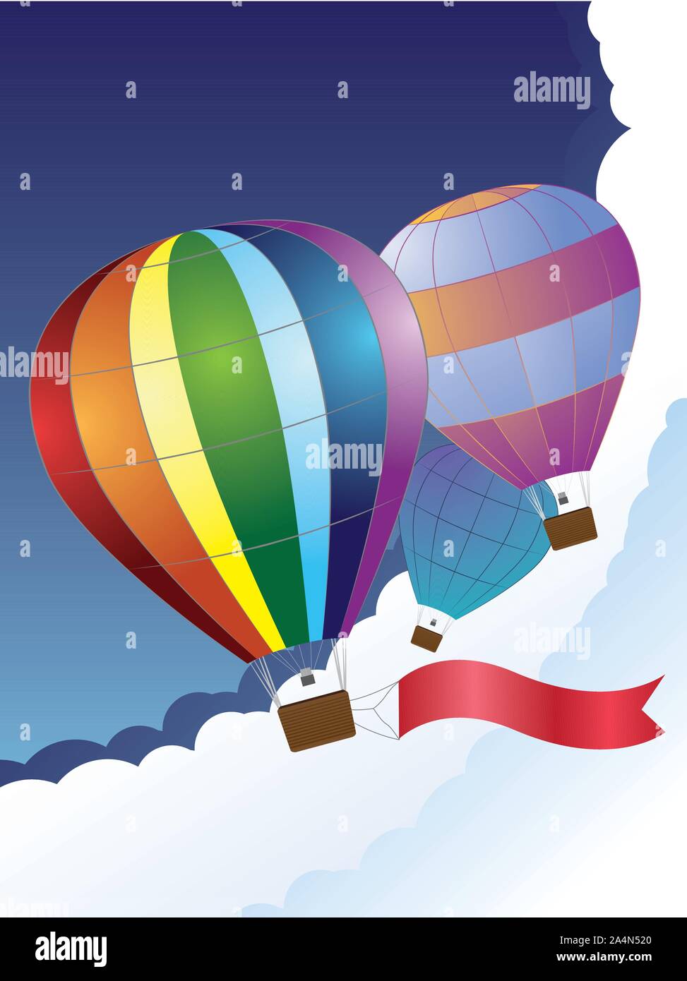 Illustration of hot air balloon with red ribbon on sky background Stock ...
