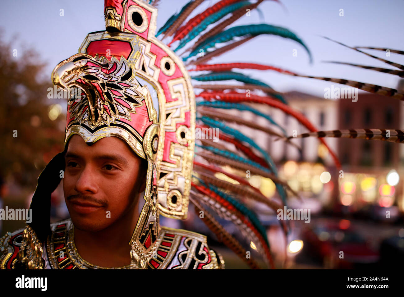 Mexica (Aztec) dancer Luis Olmos, of Indianapolis, Indiana, wears