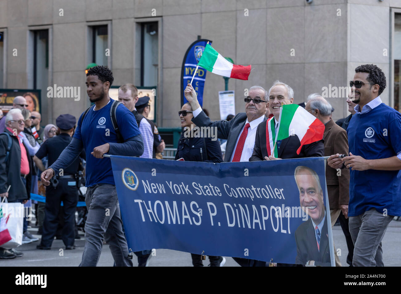 New York, NY, USA - October 14, 2019: Comptroller of the state of New York Thomas P. DiNapoli Marching Up Fifth Avenue during  75th Annual Columbus Da Stock Photo