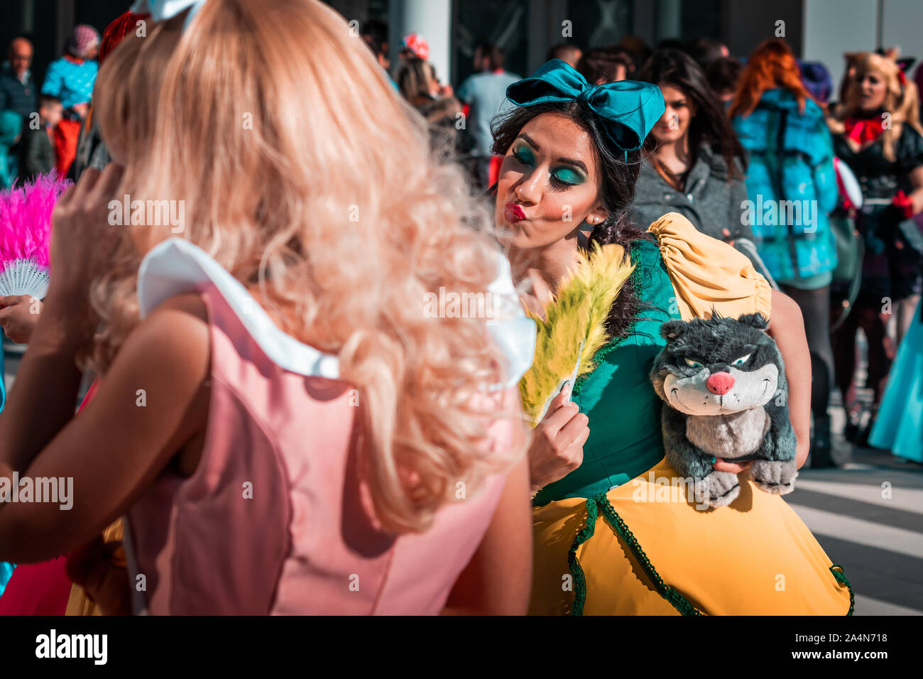 Rome, Italy, 5 April 2019, Comic and Cosplayer event called 'Romics'. Close-ups and medium shots of Cinderella actress in daylight. The crowd in costume. Stock Photo