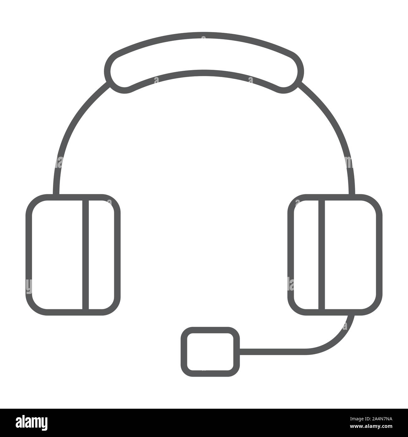 Headphones witn microphone thin line icon, technology and device, headset sign, vector graphics, a linear pattern on a white background. Stock Vector
