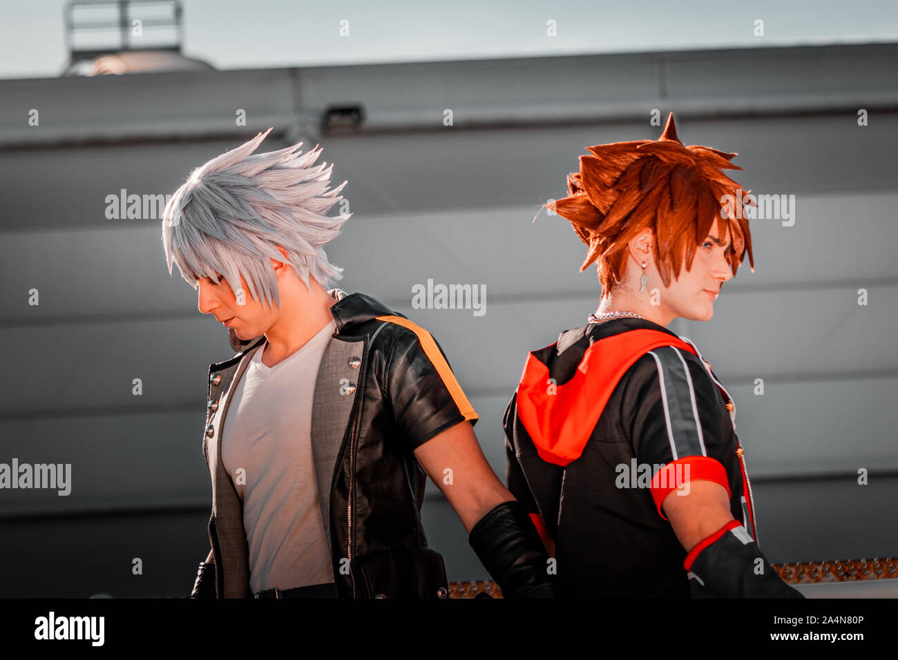 Rome, Italy, 5 April 2019, Comic and Cosplayer event called 'Romix'. Medium shots of a young gay men in japanese outfits. Hard core fans, happy day. Stock Photo