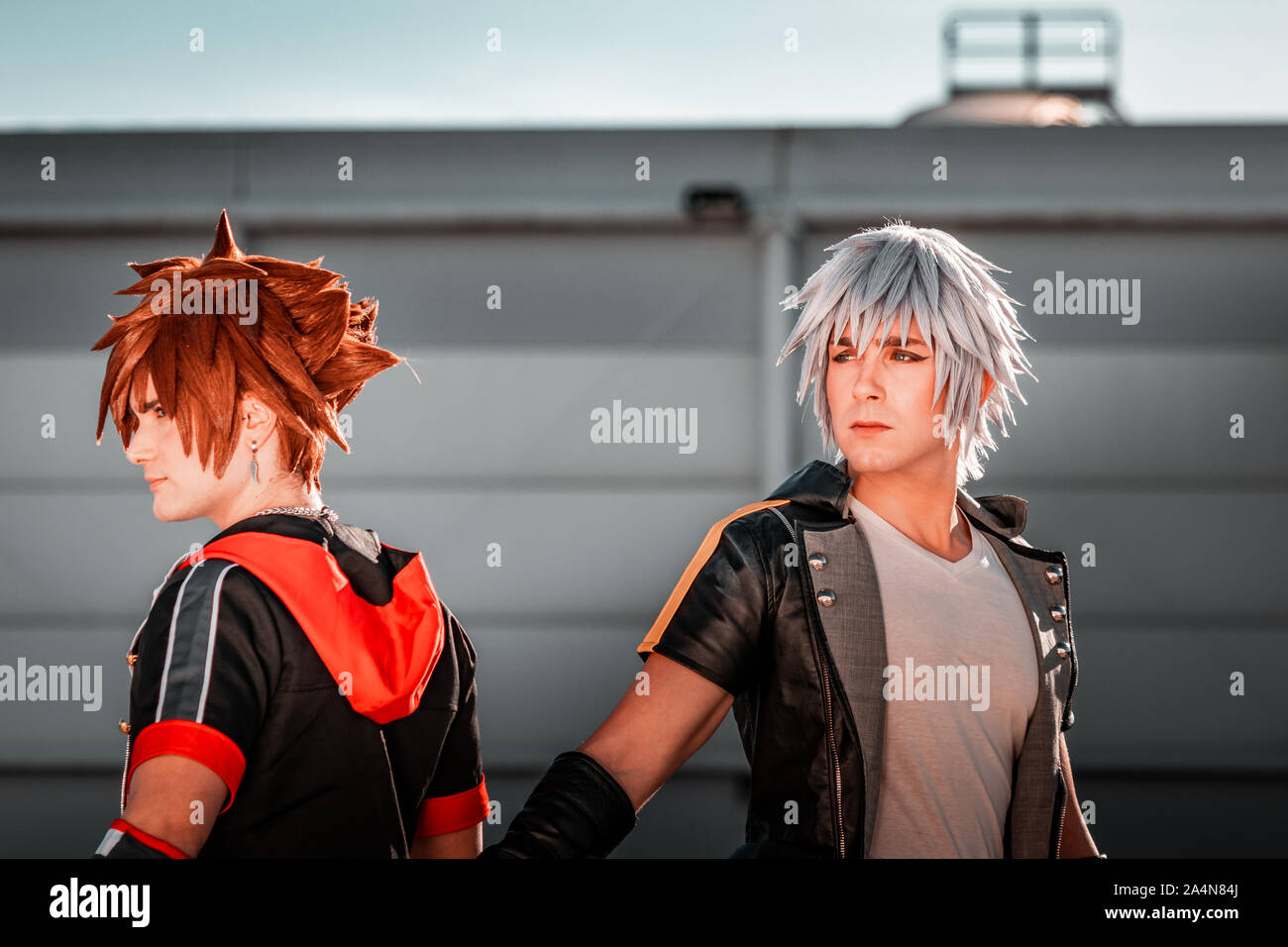 Rome, Italy, 5 April 2019, Comic and Cosplayer event called 'Romix'. Medium shots of a young gay men in japanese outfits. Hard core fans, happy day. Stock Photo