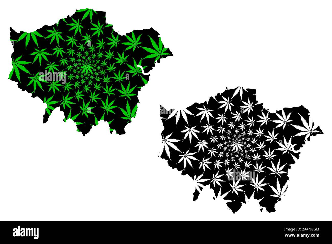 Greater London (United Kingdom, England) map is designed cannabis leaf green and black, London region map made of marijuana (marihuana,THC) foliage Stock Vector