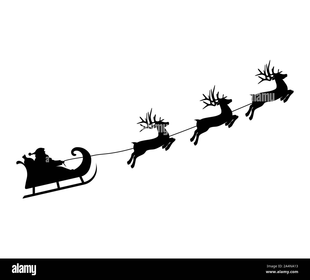 Christmas reindeers are carrying Santa Claus in a sleigh with gifts. Stock Vector