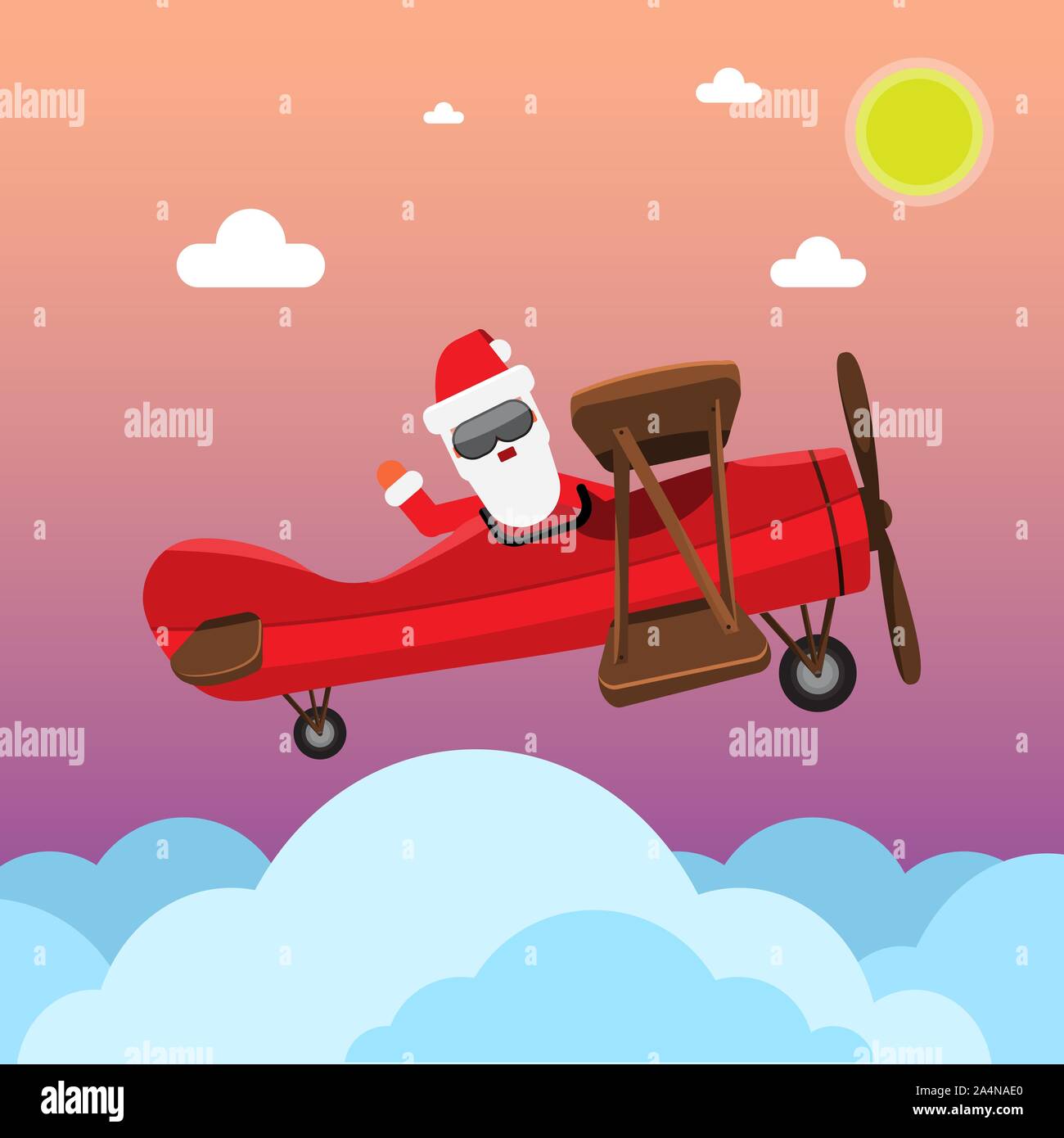 Santa Flying With cartoon style old vintage Plane. Vector illustration. Stock Vector