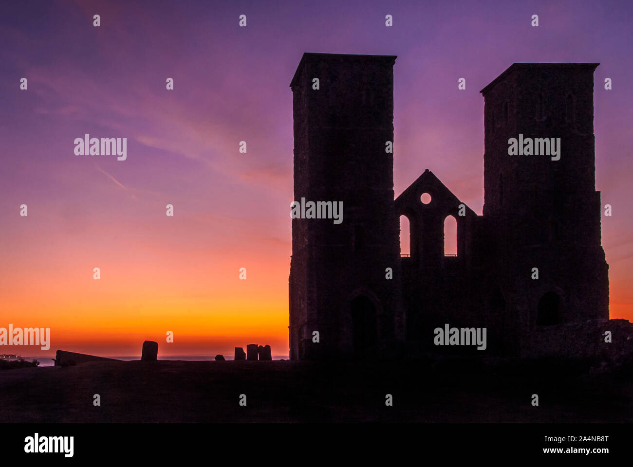 Reculver towers at sunset Stock Photo