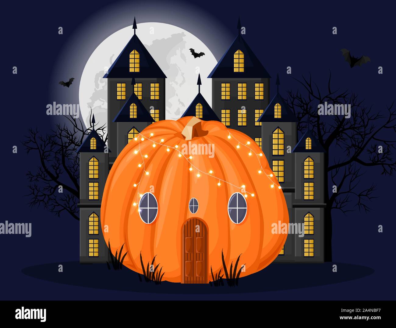 Pumpkin house with lights in front of dark castle. Full moon, forest