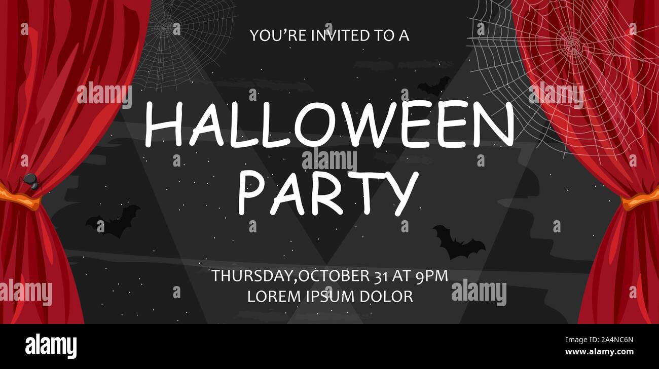 Halloween party invitation with bats and spider web. Background vector ...