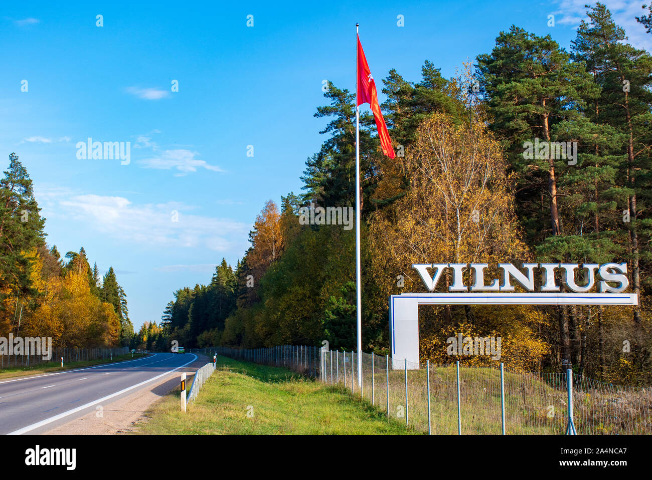 Vilnius road sign with flag, beautiful nature and road on background Stock  Photo - Alamy