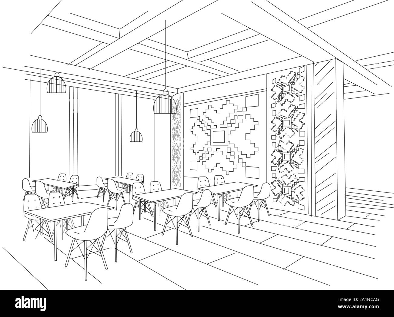 Modern cafe interior in loft style. Hand drawn sketch illustration.  27192554 Vector Art at Vecteezy