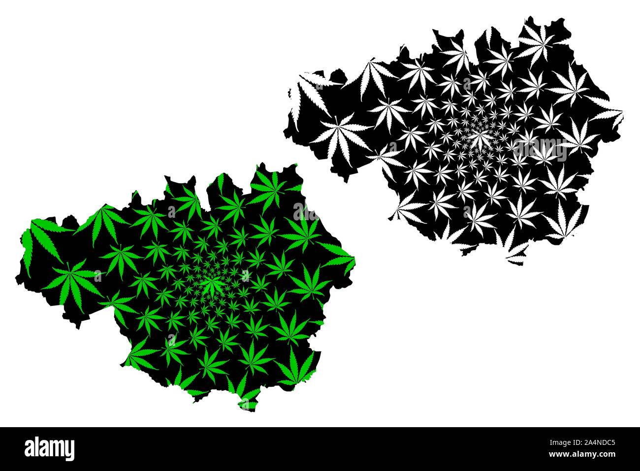 Greater Manchester (United Kingdom, England, Metropolitan county) map is designed cannabis leaf green and black, Greater Manchester map made of mariju Stock Vector