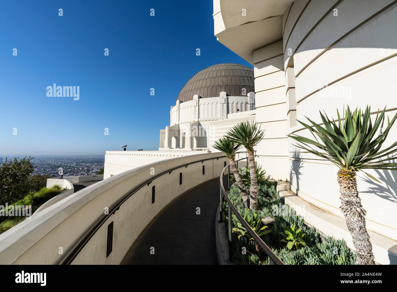 Los Angeles, California, USA - October 3, 2019:  Ramped walk way leading to cityscape views at the popular Griffith Park Observatory. Stock Photo