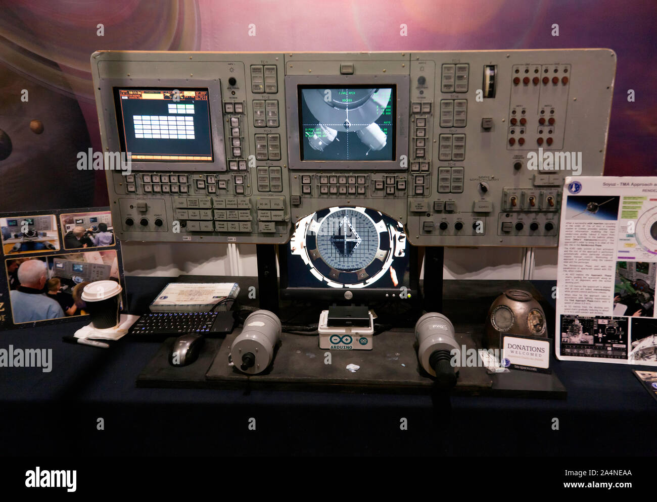 A full-size replica of the Soyuz TMS cockpit Panel, which simulates the approach and docking of this Spacecraft, to the International Space Station, at British Interplanetary Society Stand, at New Scientist Live 2019. Stock Photo