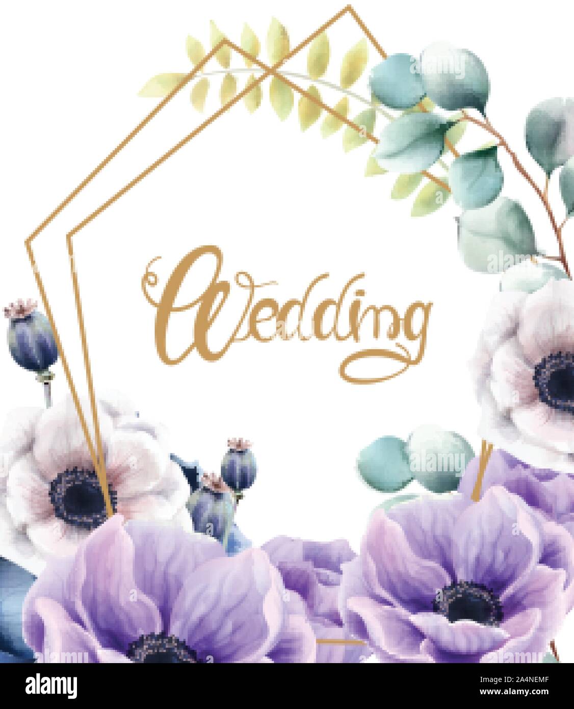 Watercolor flowers and leaves wedding greeting card vector. Floral ...