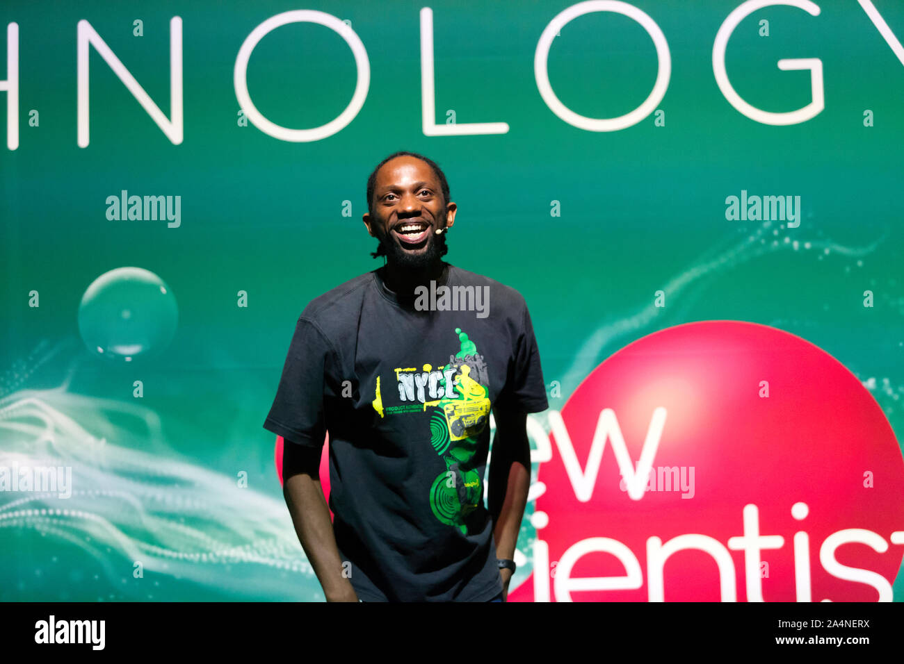 Jon Chase, entertaining the audience at the Technology Stage, with his  STEM-based raps, illustrating how technology can turn the seemingly impossible, into reality, at New Scientist Live 2019 Stock Photo