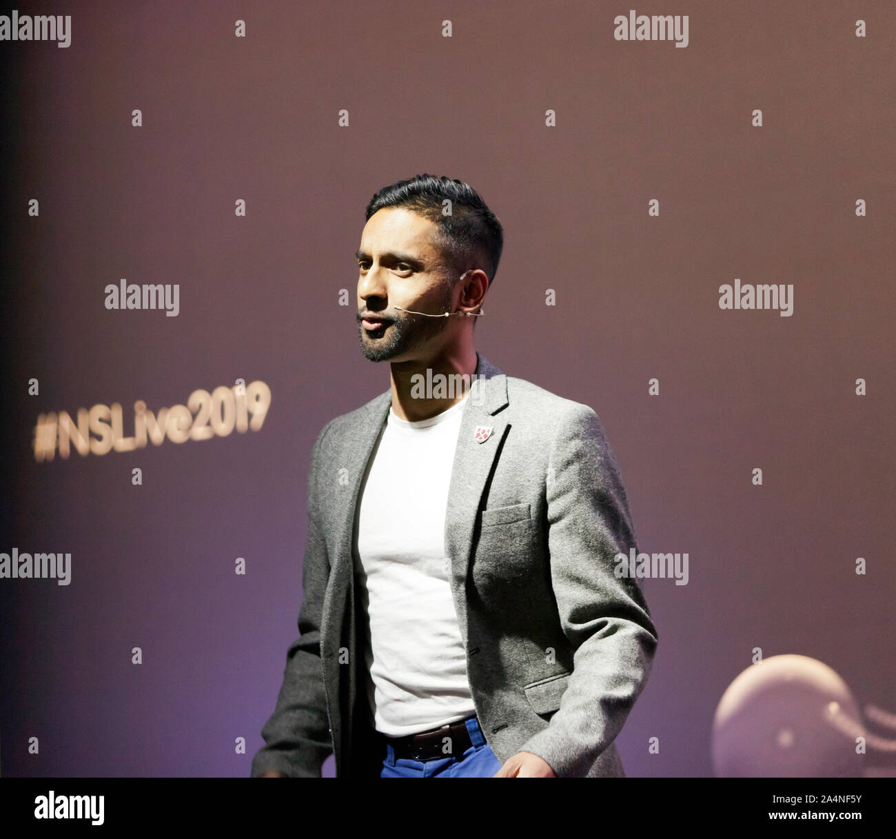 Mathematician, Bobby Seagull, giving a talk 'Maths is All Around Us', on the Engineering Stage at New Scientist Live 2019 Stock Photo