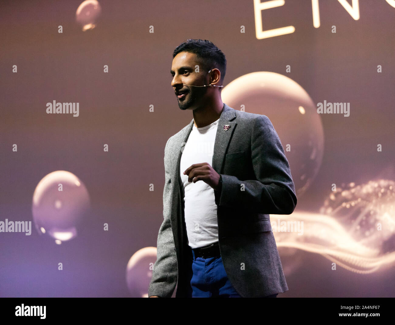 Mathematician, Bobby Seagull, giving a talk 'Maths is All Around Us', on the Engineering Stage at New Scientist Live 2019 Stock Photo