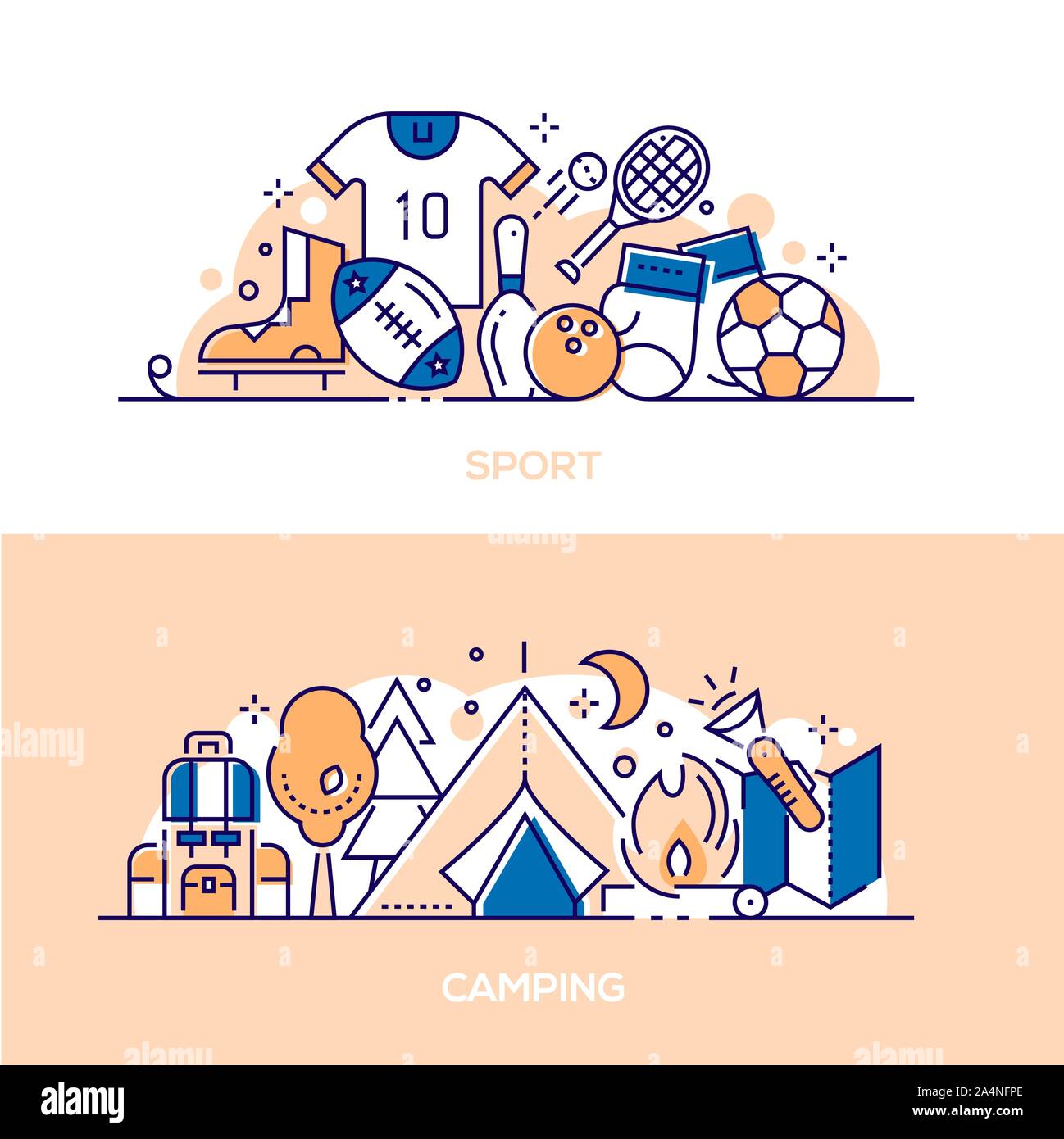 Active lifestyle, leisure linear banner templates set Stock Vector