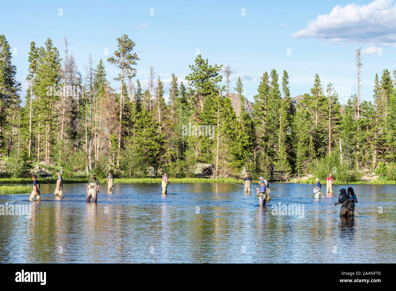 A group of fishermen try their hand at fly fishing in Sprague Lake in