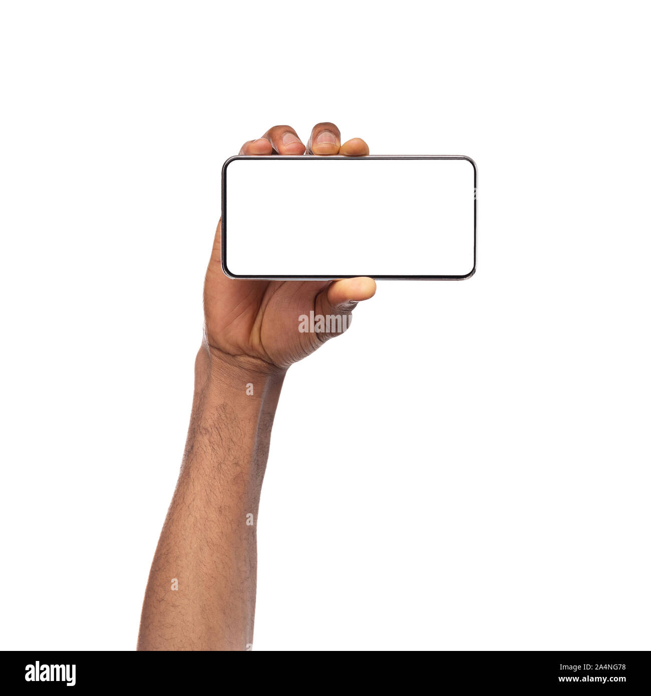 Black man's hand holding frameless smartphone with white blank screen ...