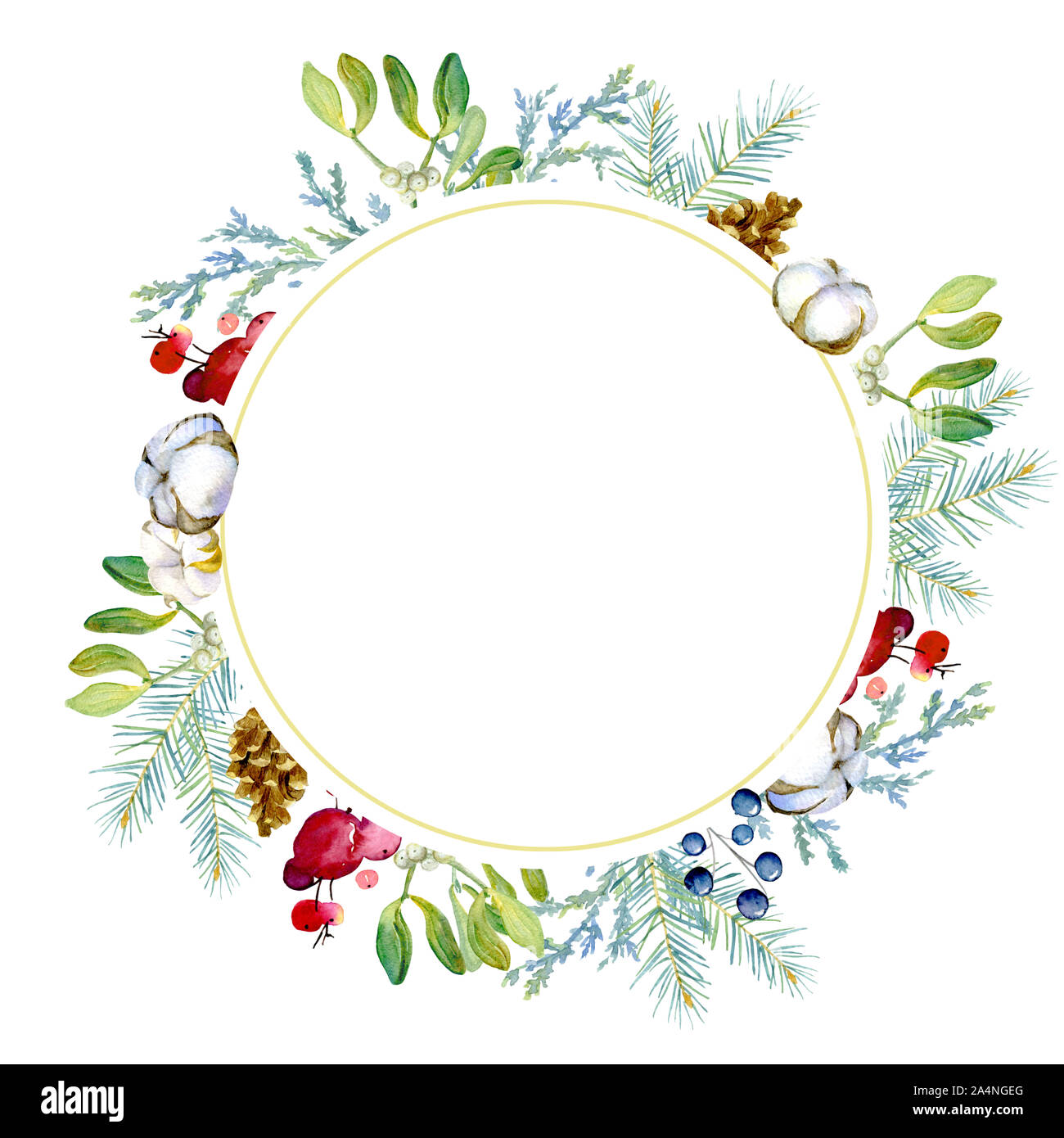Round frame made up of fir and juniper branches, cones, red and blue berries, cotton bolls. Beautiful background for cards and invitations or other de Stock Photo