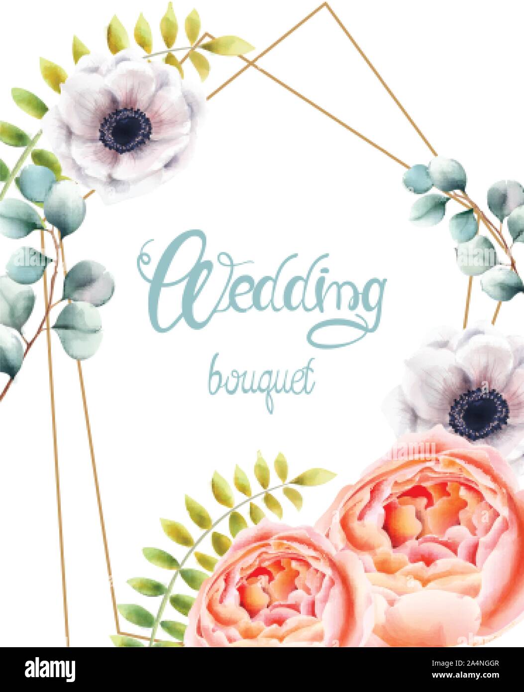 Watercolor blue flowers and leaves greeting card wreath vector. Floral ...