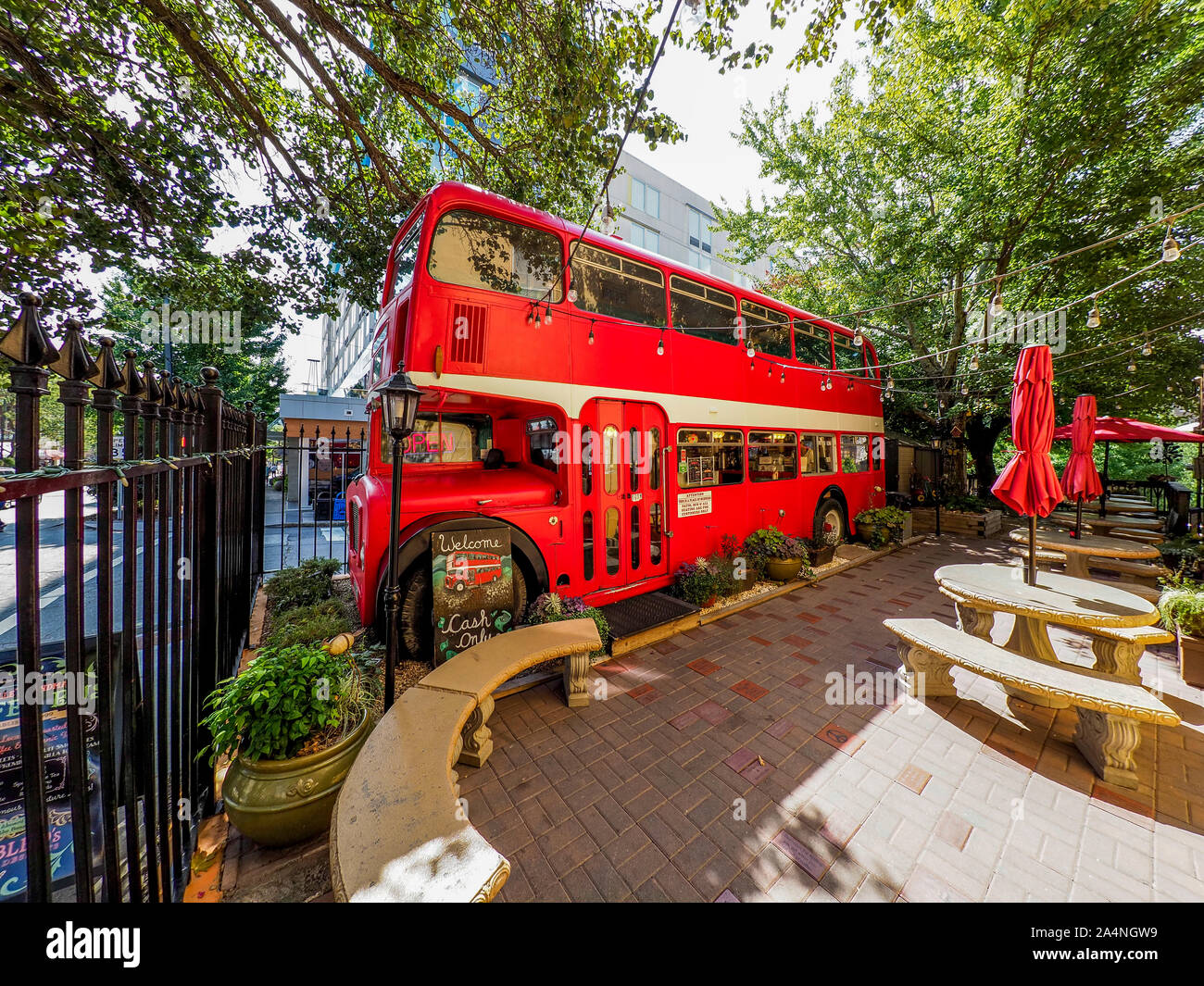 Double D's Coffee & Desserts in a London Double Decker Bus in downtown Asheville North Carolina Stock Photo