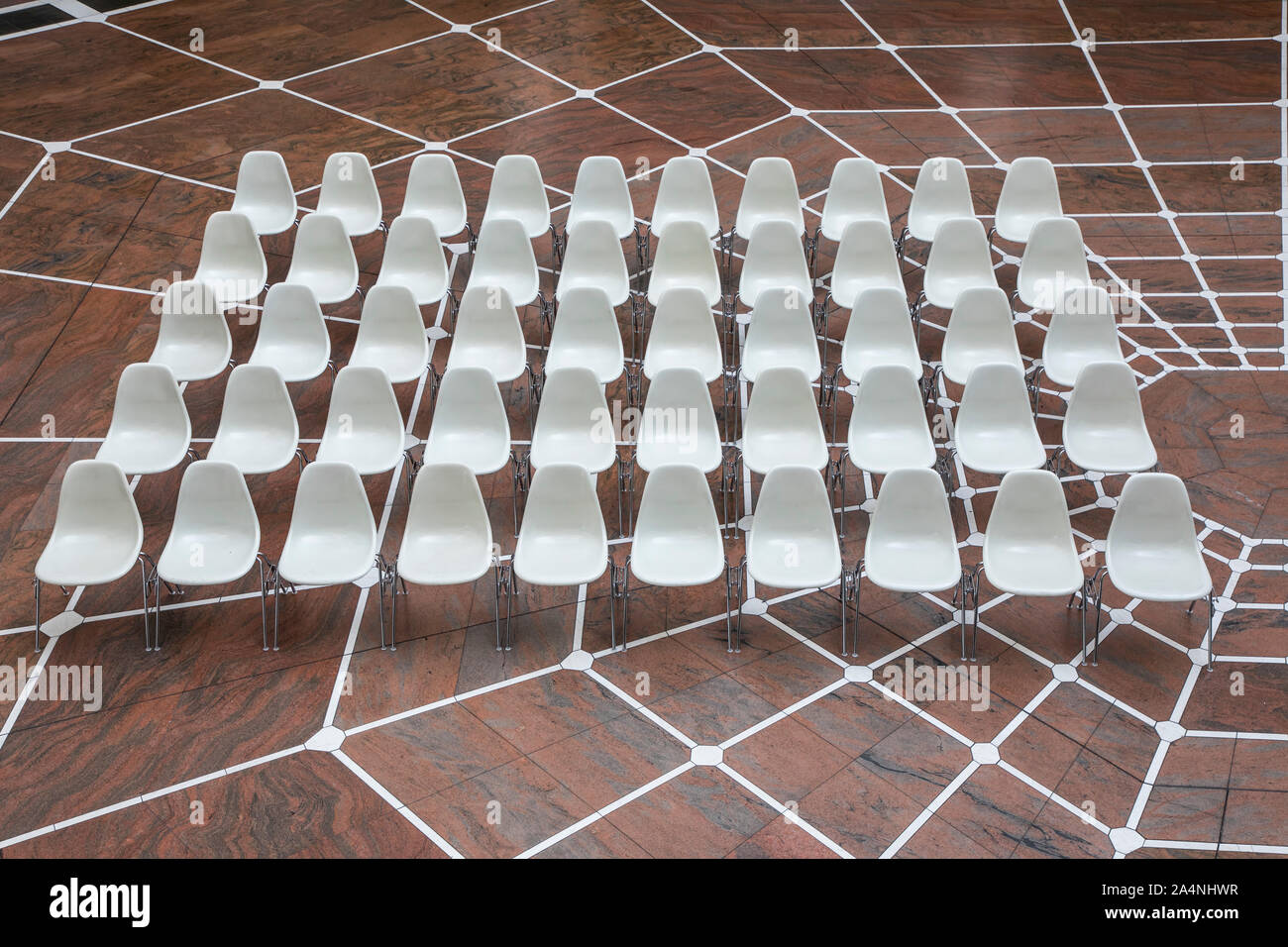 Many white bowls, lined up, Stock Photo
