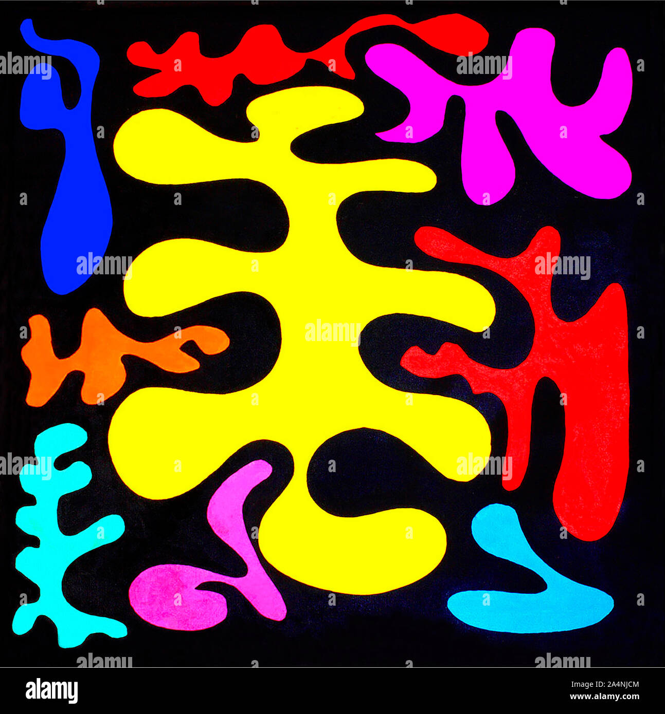 Dancing Colors - Multi Colored Graphic Abstract image containing Matisse-like shapes on a black background designed by Burton Zaro Stock Photo